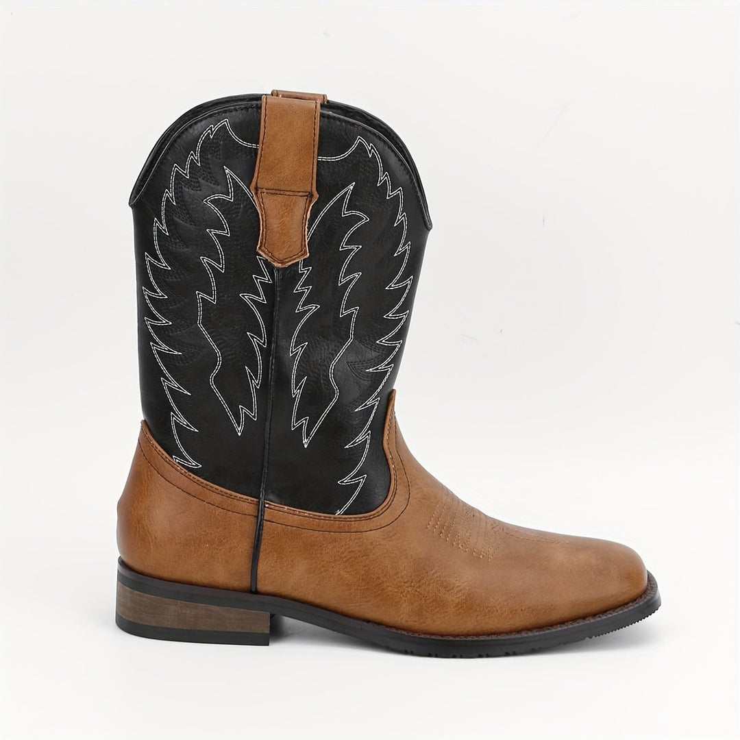 Durable men's cowboy boots featuring a classic Western mid-calf style and pointed toe. Rugged charm for men's fashion.