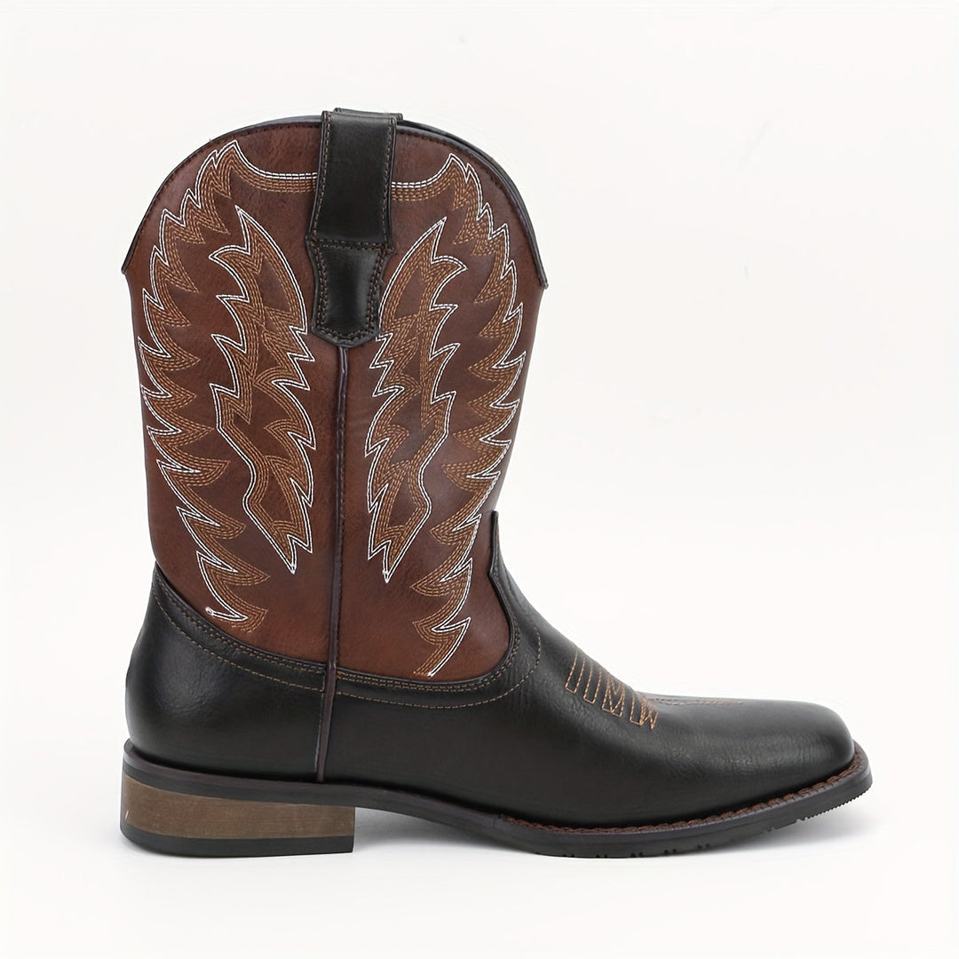 Mid-calf men's Western boots with a classic cowboy design. Comfortable pull-on footwear with a stylish pointed toe.