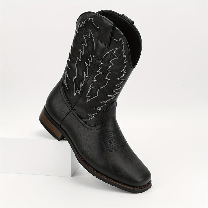 Pointed toe men's cowboy boots in a classic Western mid-calf design. Rugged, durable, and comfortable pull-on style.