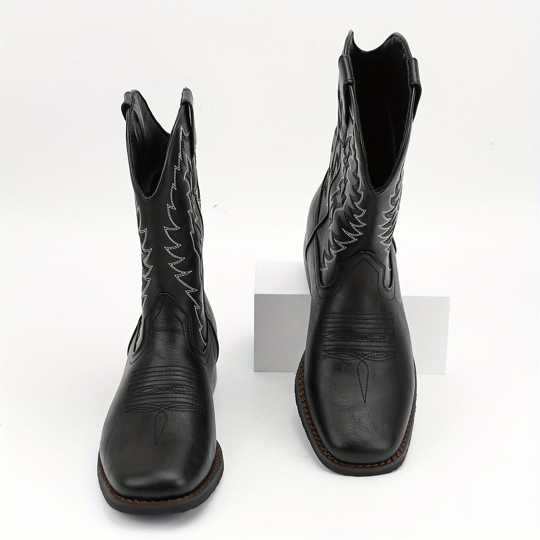 Authentic classic Western mid-calf cowboy boots for men. Durable, comfortable, and rugged pull-on footwear.