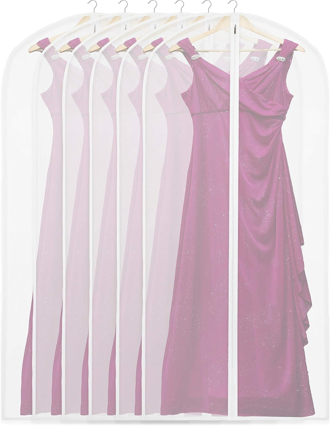 Clear full-length garment bags, 10-pack, protecting suits & dresses from dust in closets.