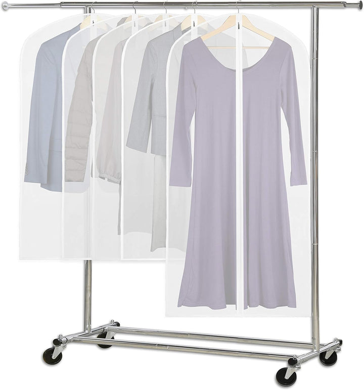 Bulk 10-pack clear garment protectors, full-length, keeping valuable suits & dresses pristine.