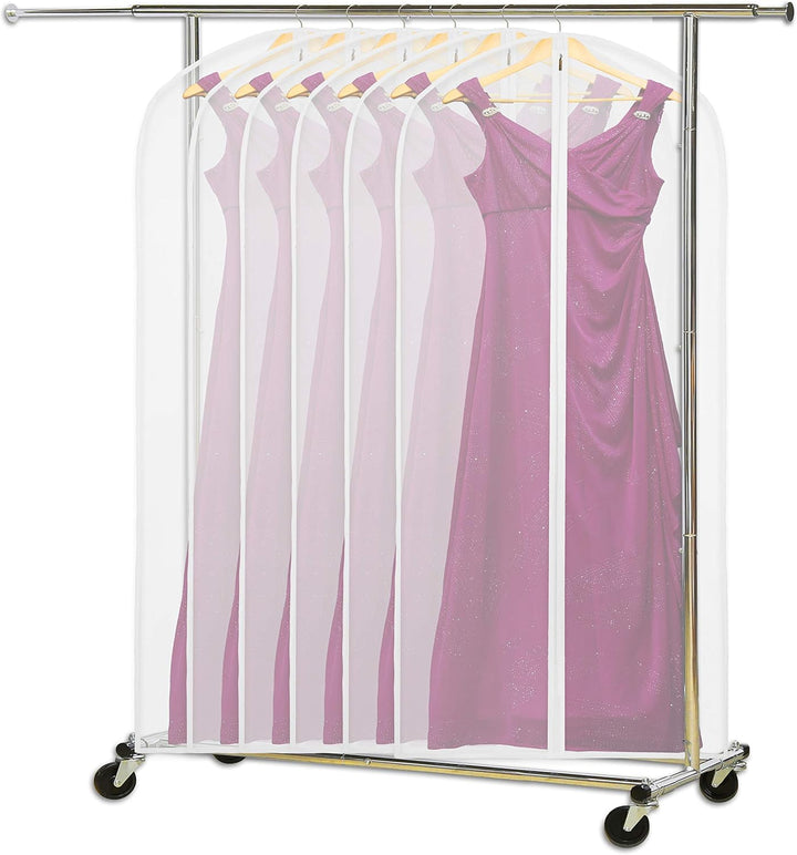 Set of 10 clear garment covers for suits, dresses, & long clothing; ideal for storage & travel.