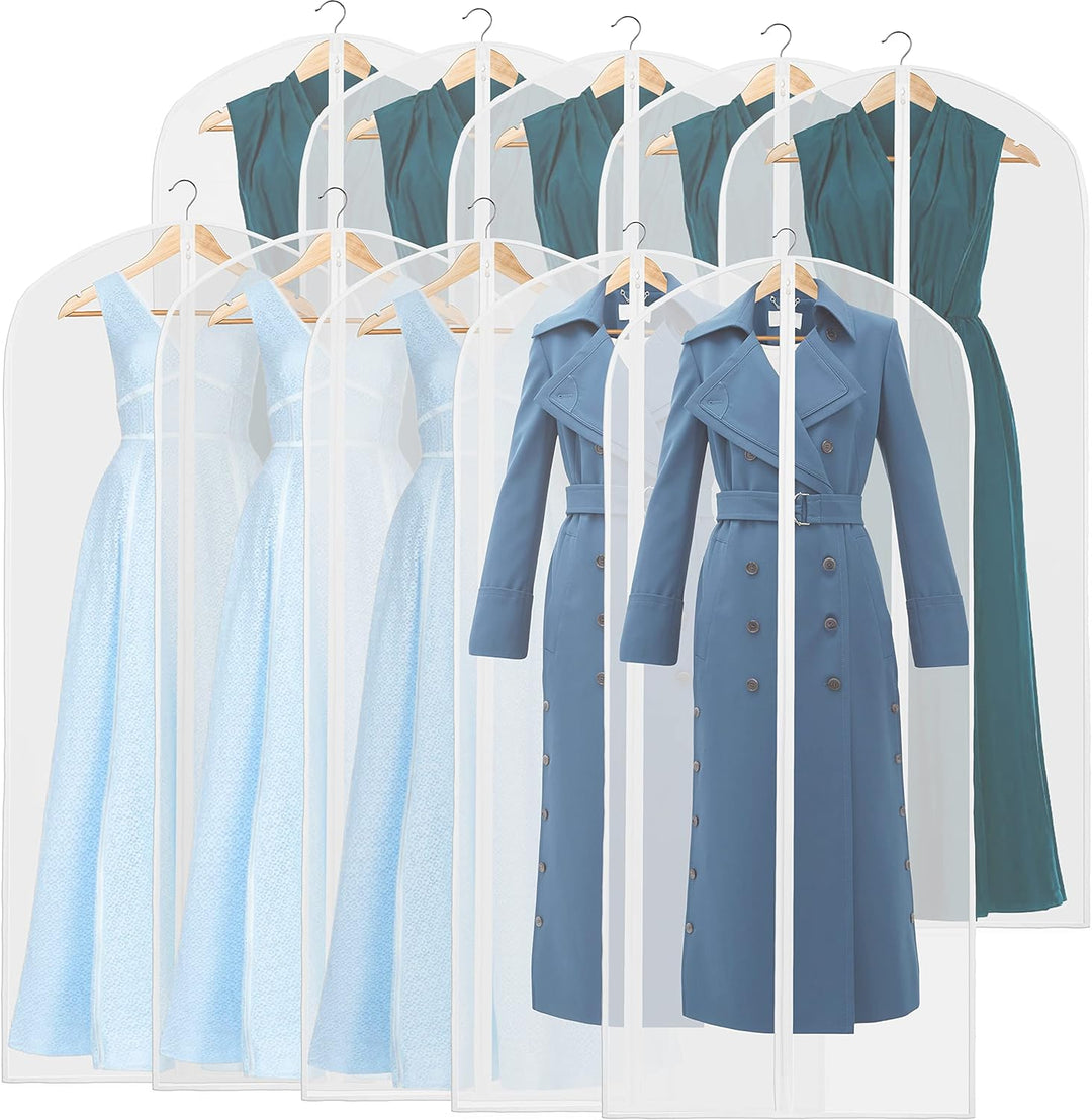 Full-length transparent clothing protectors, 10-pack, keeping formal wear dust-free in wardrobe.
