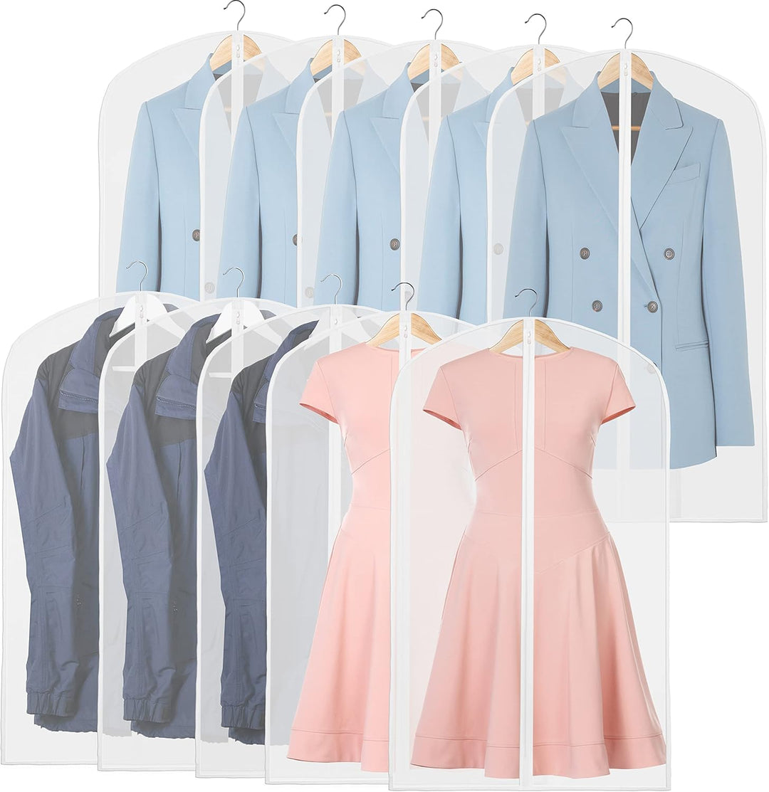 Closet organizer: 10 clear garment covers for suits, dresses, & seasonal clothes protection.