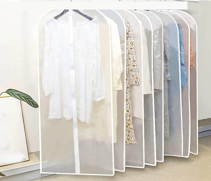 Pack of 10 clear suit & dress bags providing dust protection and organization for your wardrobe. Perfect for clothing storage.