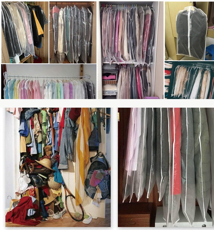 Durable clear plastic garment bags (10-pack) for long-term clothing protection & neat wardrobe organization. Dust covers.