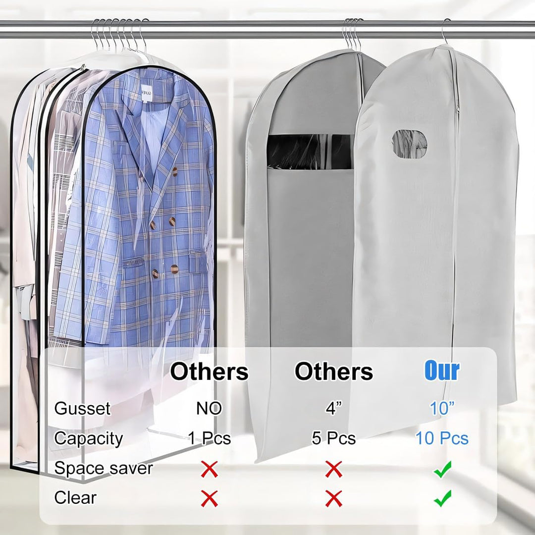6-pack clear garment covers with side zipper, keeping dresses & suits dust-free in your closet.