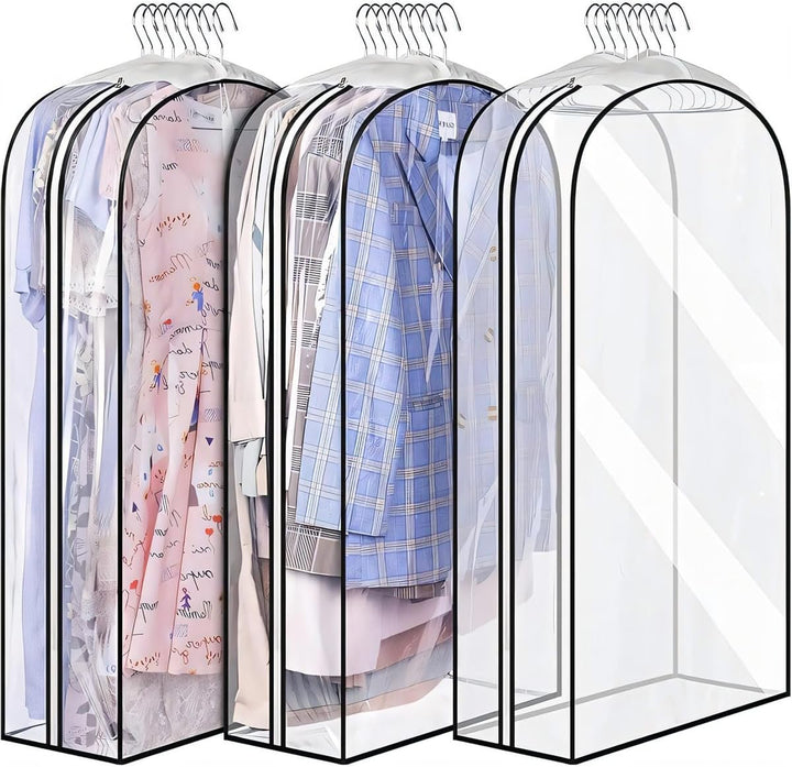 Close-up of the smooth side zipper on a clear garment protection bag.