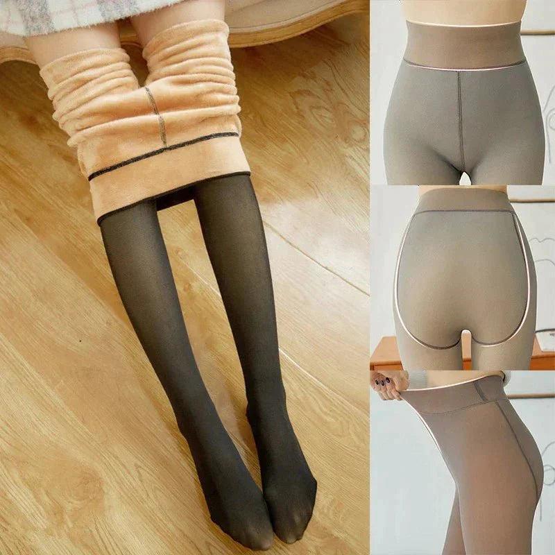Woman wearing high-waisted Elena winter tights, showing the stretchy, seamless design for warm, everyday style.