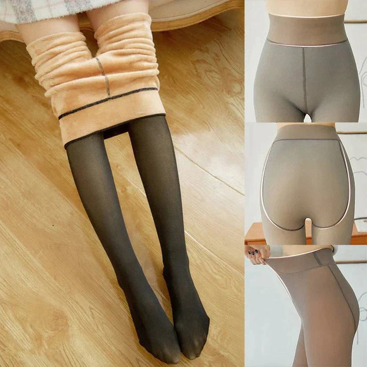 Woman wearing high-waisted Elena winter tights, showing the stretchy, seamless design for warm, everyday style.