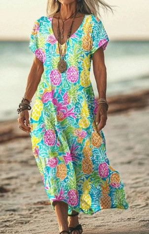 Close-up of the fabric texture on a women's comfortable floral midi dress.