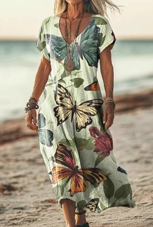 Women's floral midi dress in motion, highlighting its beautiful flowy design for summer.