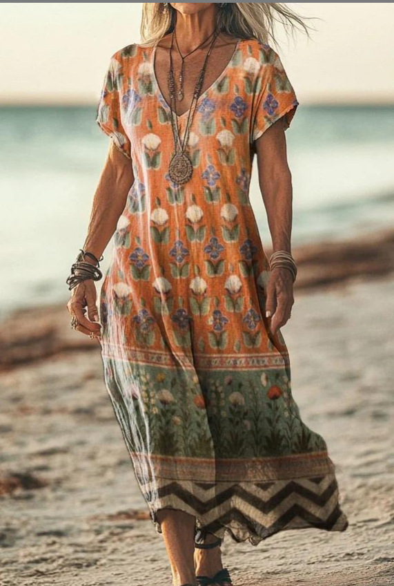 Comfortable and breathable women's floral midi dress, ideal for everyday wear in summer.