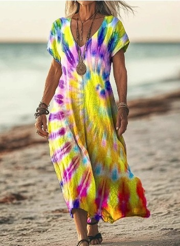 Side view of a comfortable women's floral midi dress, showing its elegant drape.