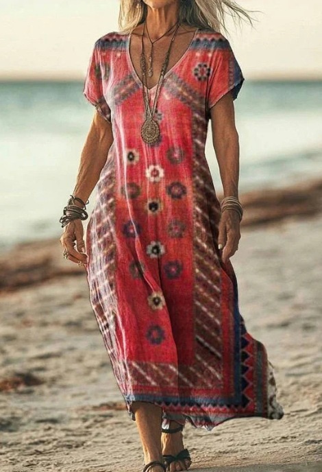 Back view of a feminine floral midi dress, perfect for a summer vacation.