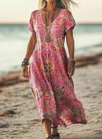 Stylish women's floral midi dress with short sleeves, suitable for casual or special occasions.