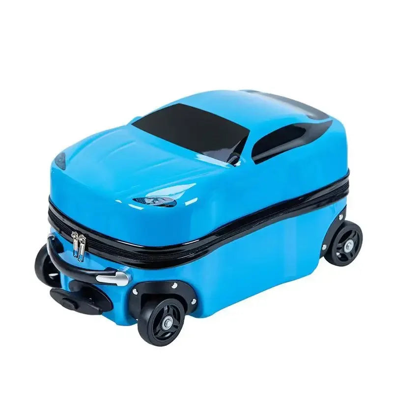 Kids ride-on car design hardshell suitcase. Durable children's luggage with spinner wheels for easy travel.
