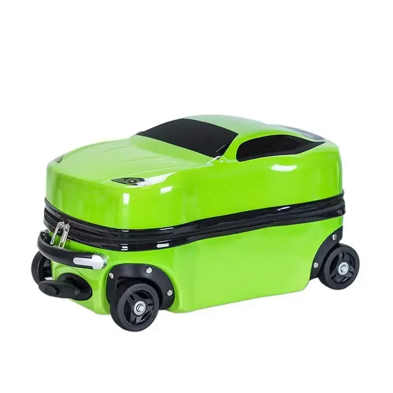 Child's car-themed hardshell luggage, featuring smooth spinner wheels for easy maneuverability and fun.