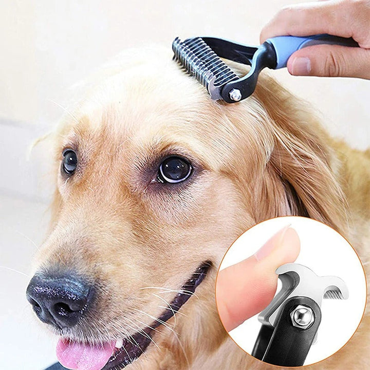 "Colorful deshedding brush for dogs and cats, ergonomic handle, stainless-steel edges, reduces shedding efficiently."