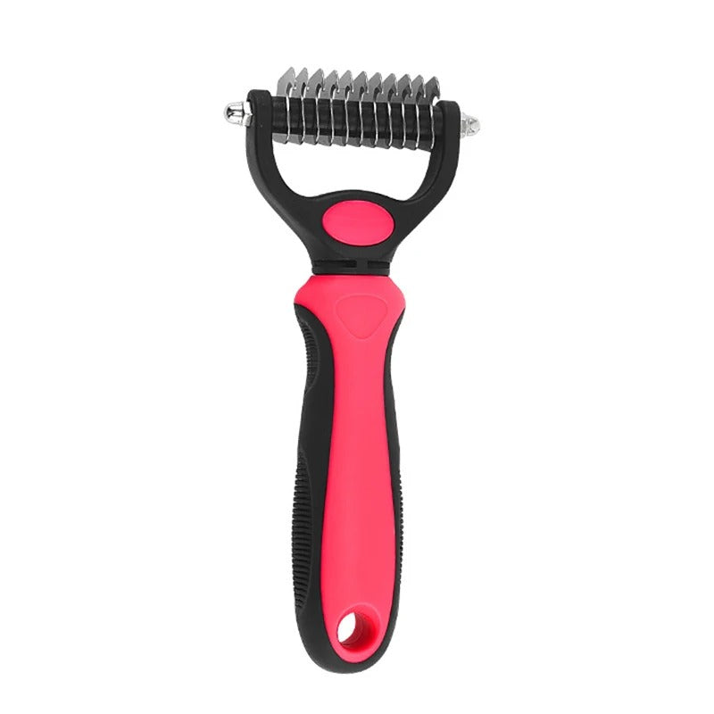 "Colorful deshedding brush for dogs and cats, ergonomic handle, stainless-steel edges, reduces shedding efficiently."