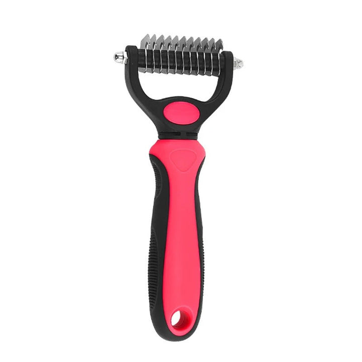"Colorful deshedding brush for dogs and cats, ergonomic handle, stainless-steel edges, reduces shedding efficiently."