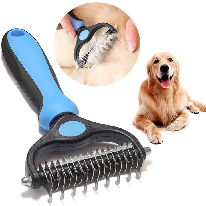 "Colorful deshedding brush for dogs and cats, ergonomic handle, stainless-steel edges, reduces shedding efficiently."