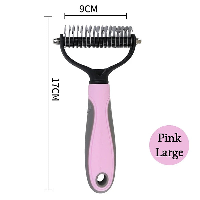 "Colorful deshedding brush for dogs and cats, ergonomic handle, stainless-steel edges, reduces shedding efficiently."