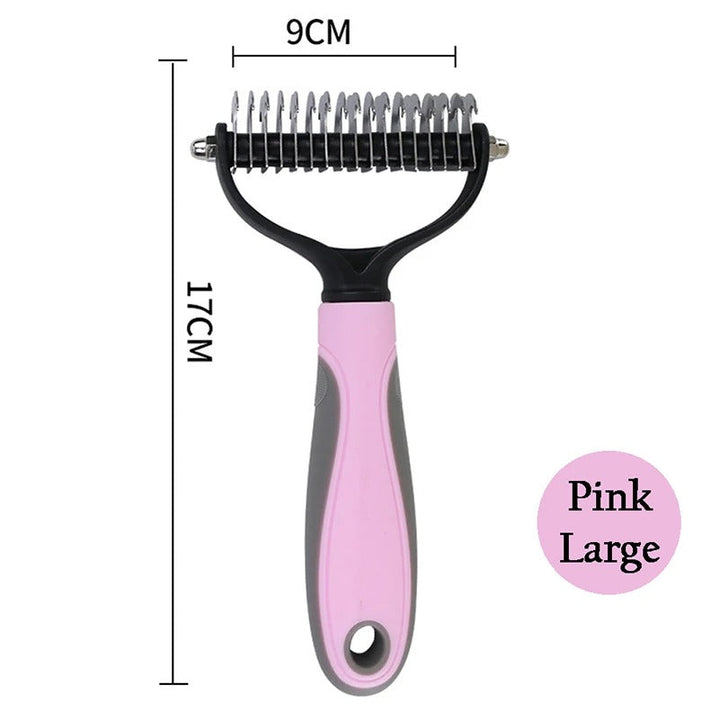 "Colorful deshedding brush for dogs and cats, ergonomic handle, stainless-steel edges, reduces shedding efficiently."