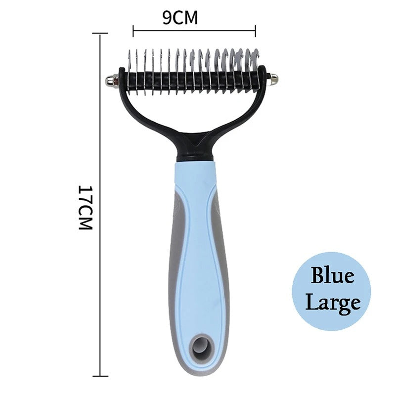 "Colorful deshedding brush for dogs and cats, ergonomic handle, stainless-steel edges, reduces shedding efficiently."