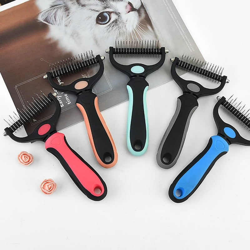 "Colorful deshedding brush for dogs and cats, ergonomic handle, stainless-steel edges, reduces shedding efficiently."