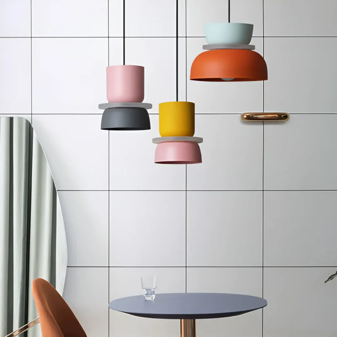 Trendy Macaron LED ceiling lamp; colorful and energy-efficient lighting for a lively home.