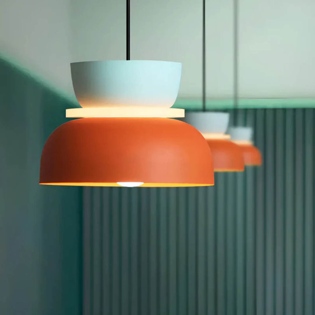 VividGlow Macaron LED pendant light; modern colorful hanging lamp for vibrant living.