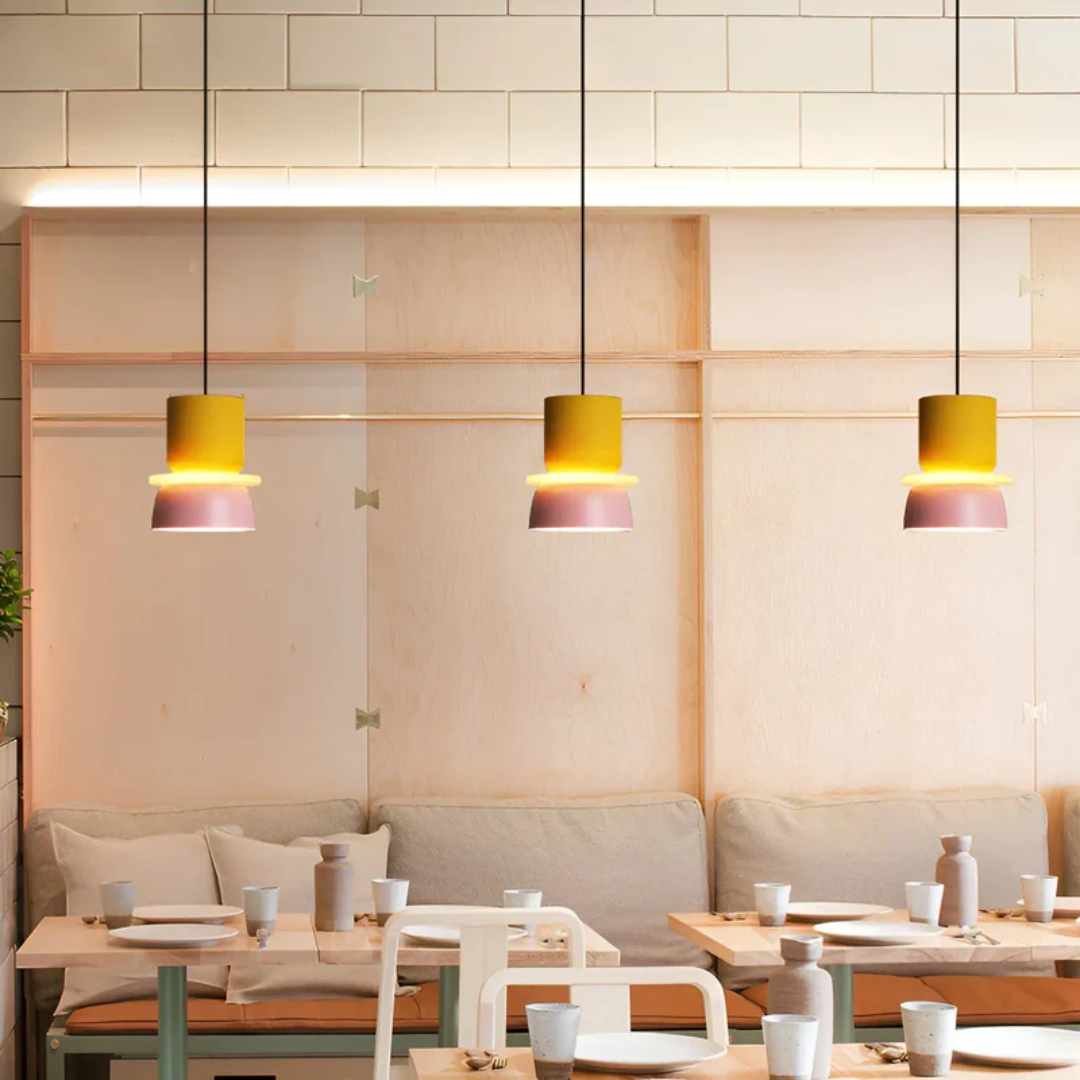 Pastel Macaron LED pendant light; trendy energy-efficient ceiling lamp for home decor.