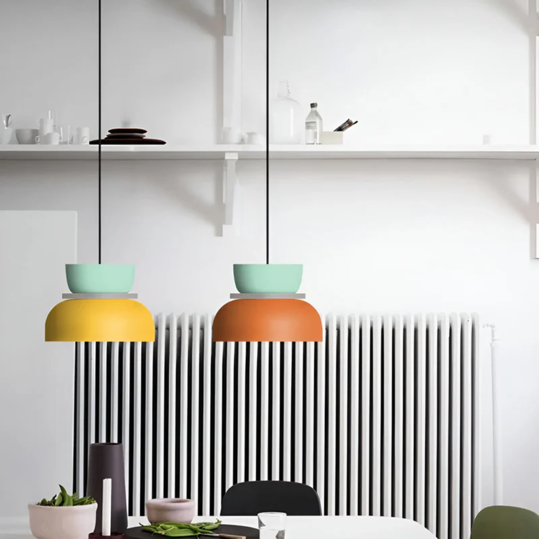 Designer Macaron LED pendant; trendy and energy-saving colorful ceiling light for homes.