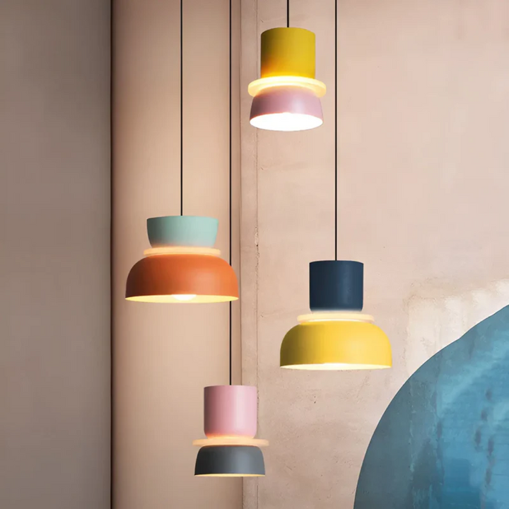 Trendy Macaron LED hanging lamp; colorful and stylish ceiling light for modern decor.