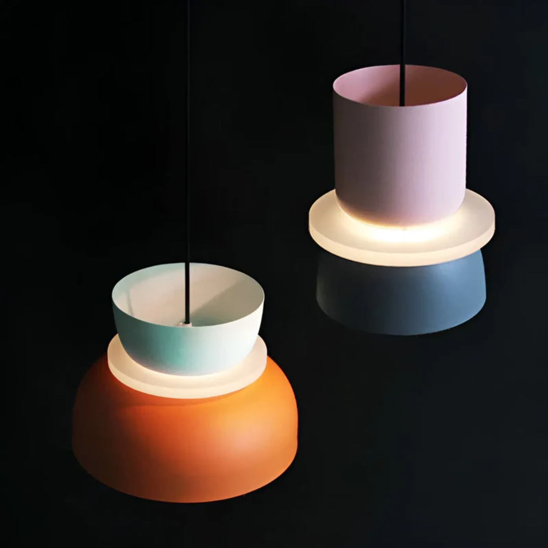 Vibrant Macaron LED pendant lamp; energy-efficient designer lighting for living spaces.