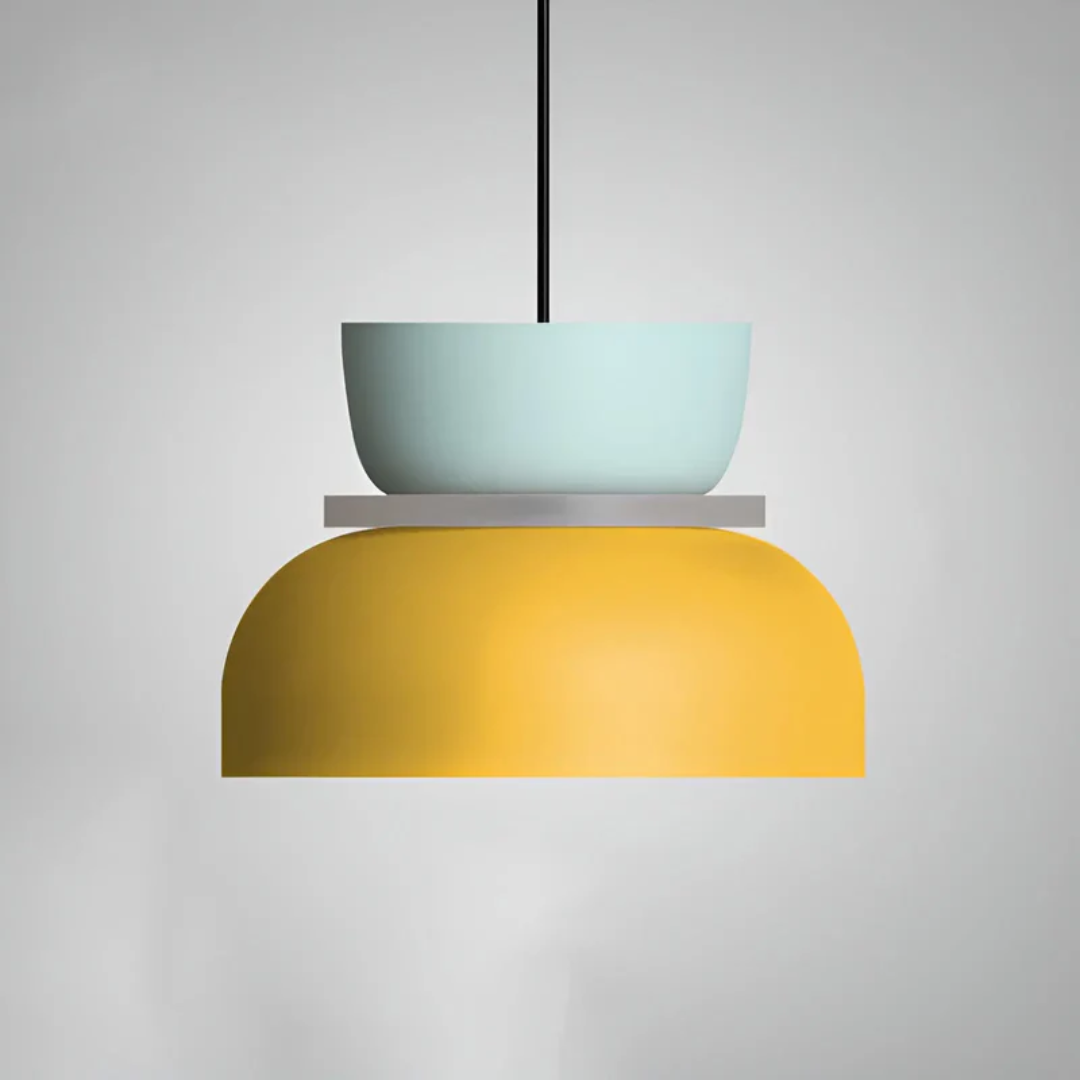 Stylish Macaron LED hanging light; modern colorful ceiling fixture for contemporary homes.