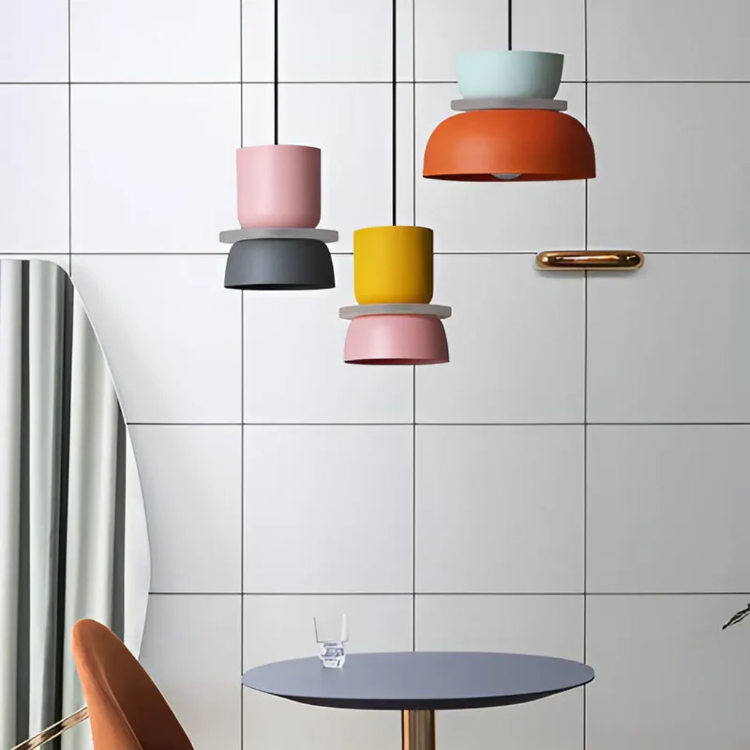 Energy-efficient Macaron LED pendant light; pastel colored ceiling lamp for vibrant decor.