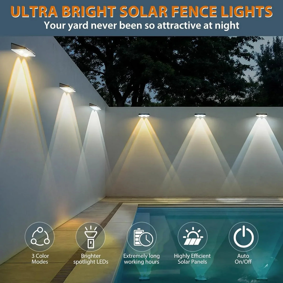 Colorful solar fence lights, 7-Color LED, sleek design, bright outdoor wall lights for gardens, patios, IP65 waterproof.