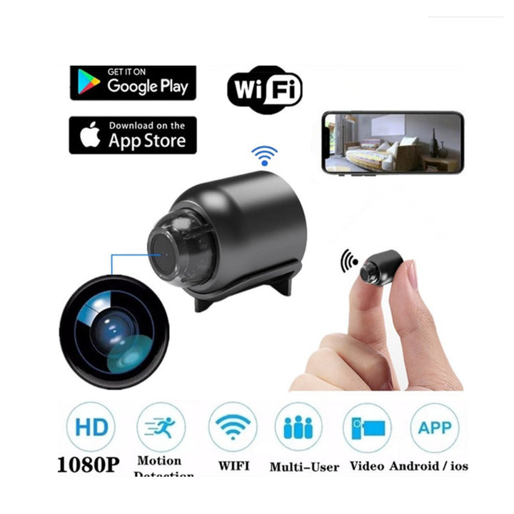 "Compact 1080P wireless security camera with night vision and motion detection; perfect for discreet home or office surveilla