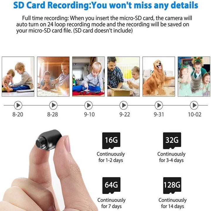 "Compact 1080P wireless security camera with night vision and motion detection; perfect for discreet home or office surveilla