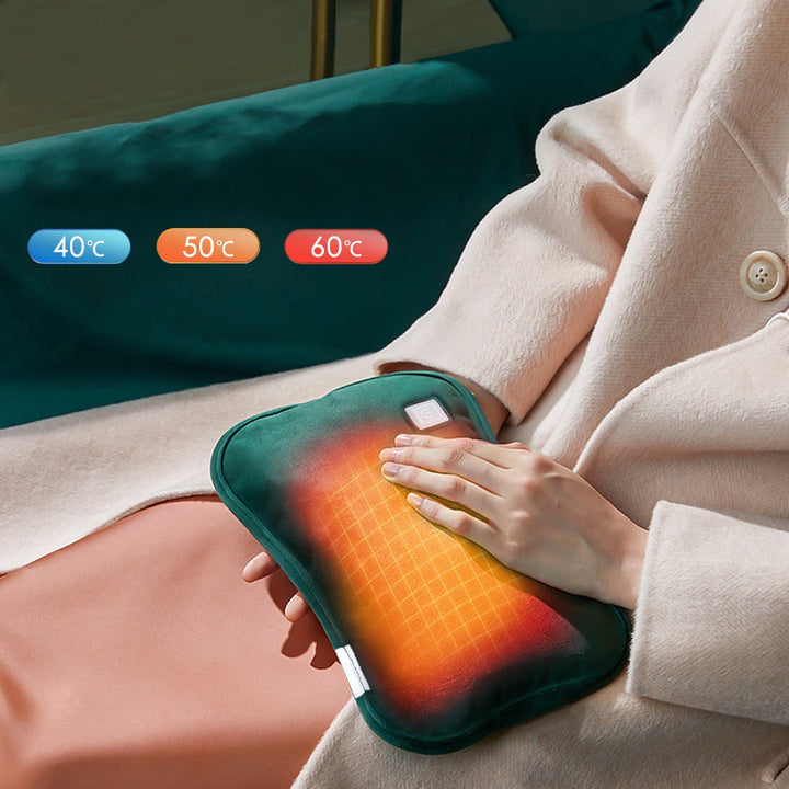 "Compact 2-in-1 Electric Hand Warmer with USB Charging, plush exterior, foldable design, ideal for travel and chilly days."