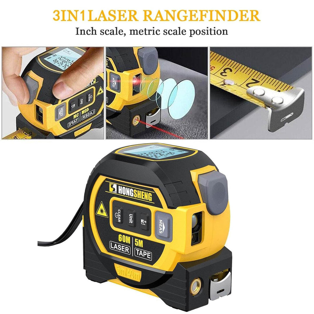 "Compact 3-in-1 laser tape measure with 60m rangefinder, steel tape, cross marker, ABS+TPR shell, LCD display for DIY tasks."