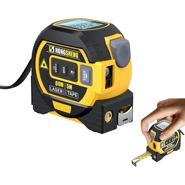 "Compact 3-in-1 laser tape measure with 60m rangefinder, steel tape, cross marker, ABS+TPR shell, LCD display for DIY tasks."