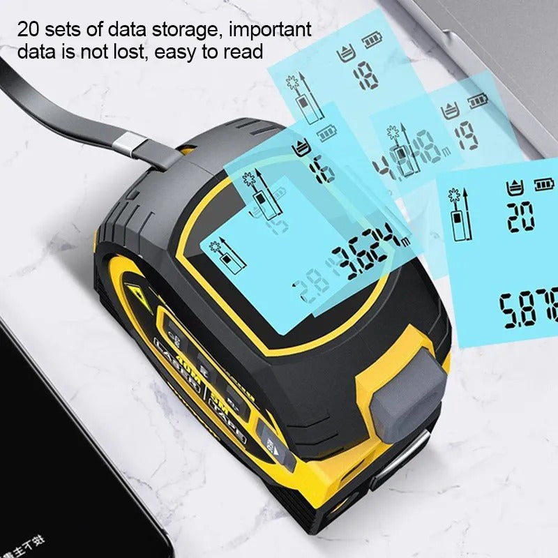"Compact 3-in-1 laser tape measure with 60m rangefinder, steel tape, cross marker, ABS+TPR shell, LCD display for DIY tasks."