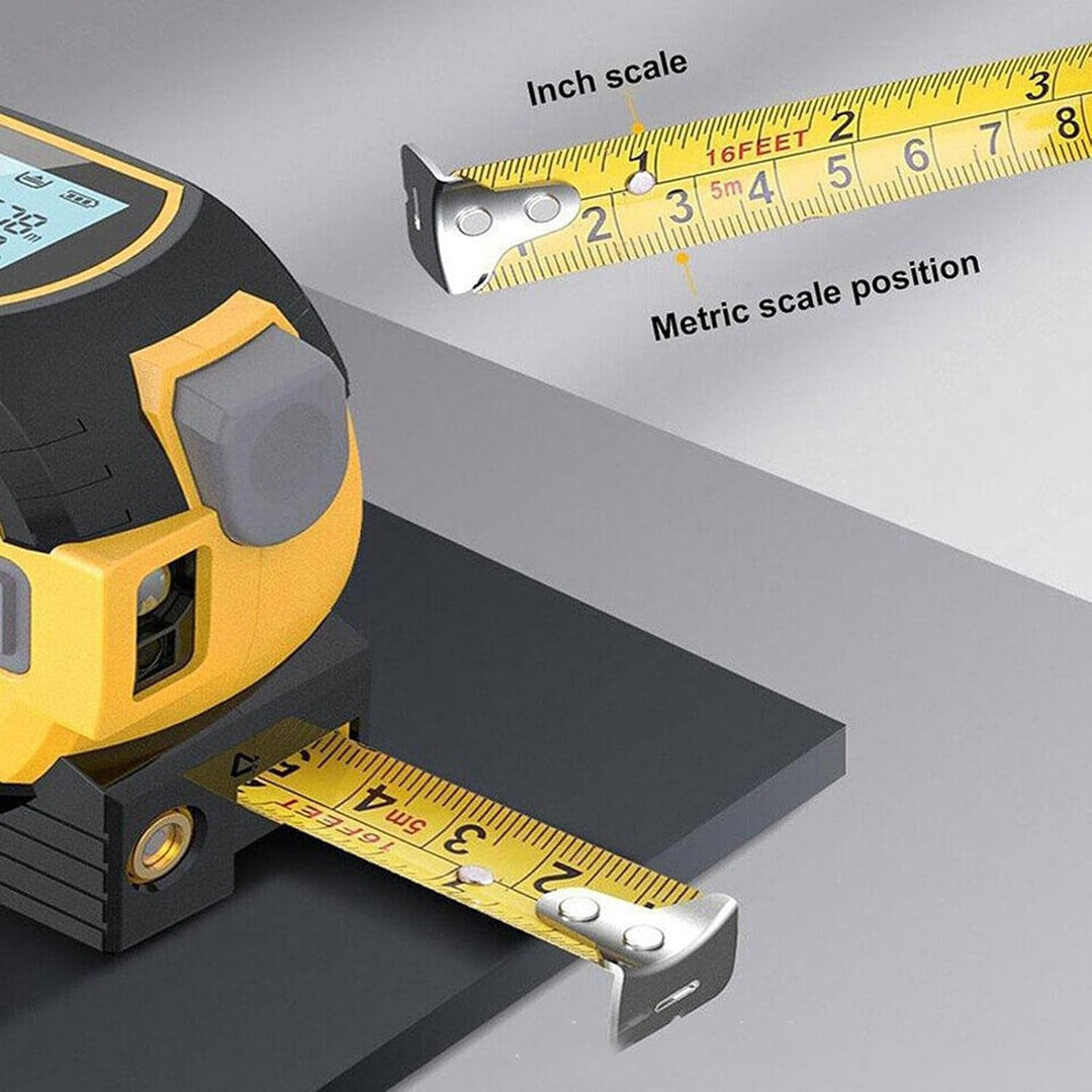 "Compact 3-in-1 laser tape measure with 60m rangefinder, steel tape, cross marker, ABS+TPR shell, LCD display for DIY tasks."