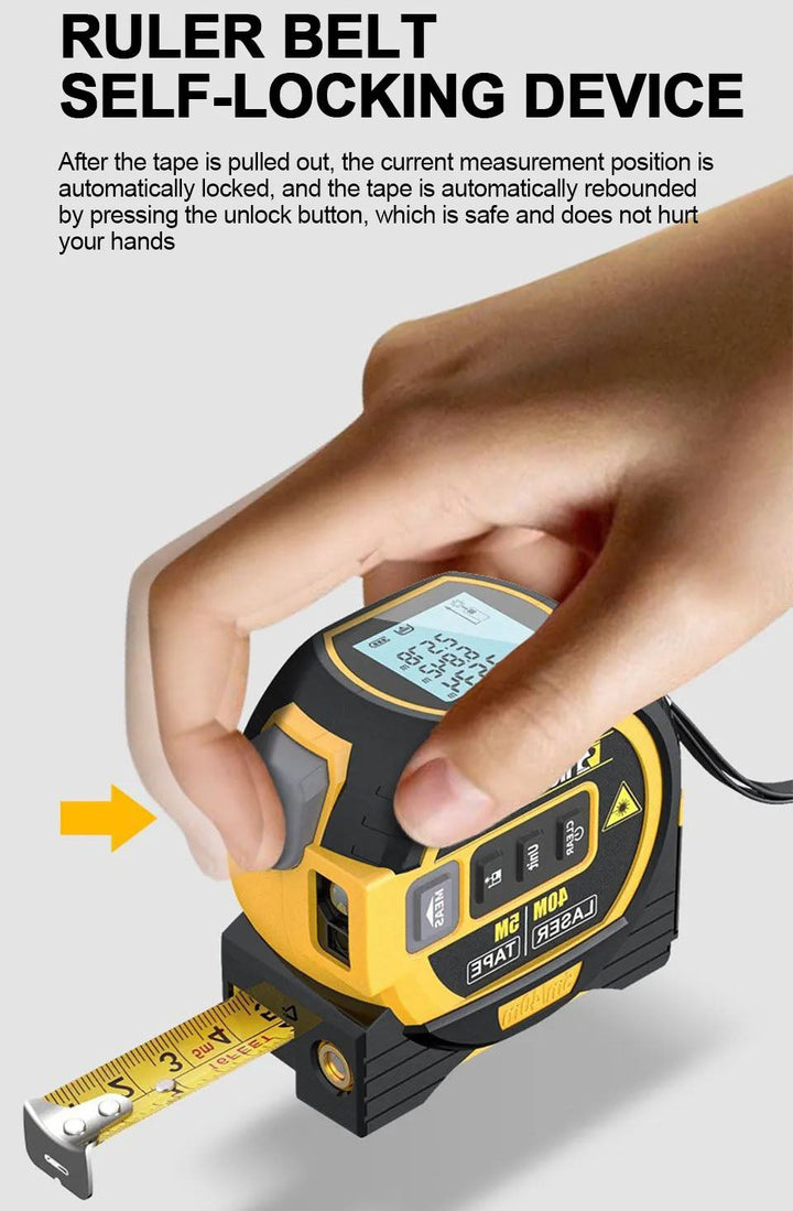 "Compact 3-in-1 laser tape measure with 60m rangefinder, steel tape, cross marker, ABS+TPR shell, LCD display for DIY tasks."
