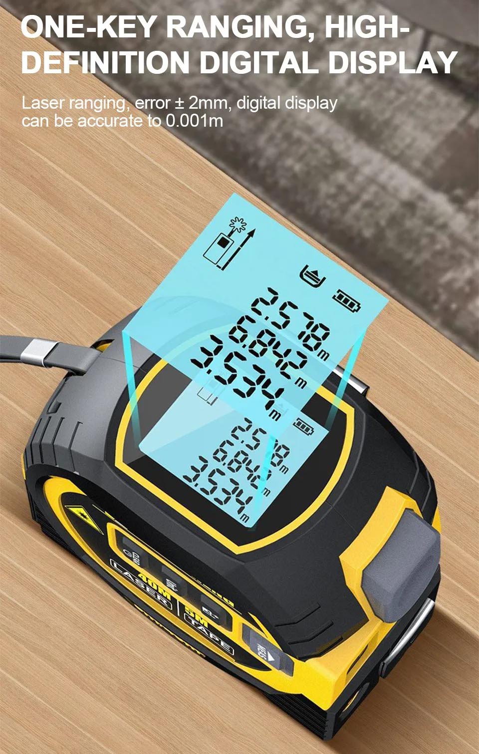 "Compact 3-in-1 laser tape measure with 60m rangefinder, steel tape, cross marker, ABS+TPR shell, LCD display for DIY tasks."