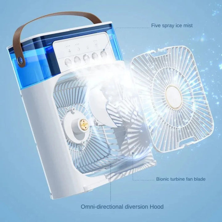 "Compact 3-in-1 portable air cooler humidifier, sleek design, adjustable fan speeds, ideal for small spaces, home or office u